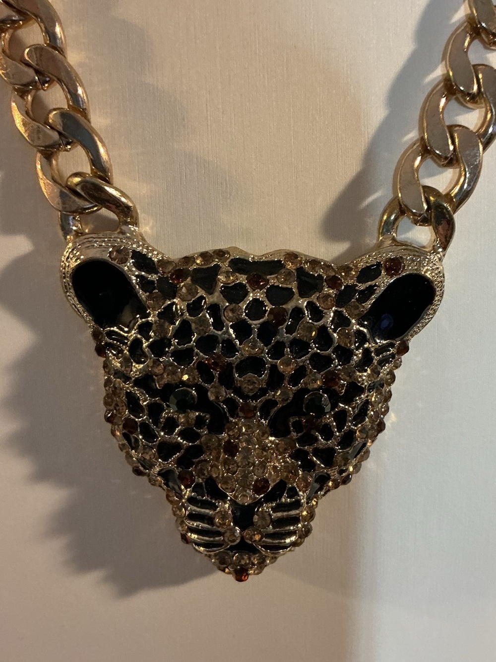 Leopard Panther Head Rhinestone Cuban Link Gold Tone Necklace